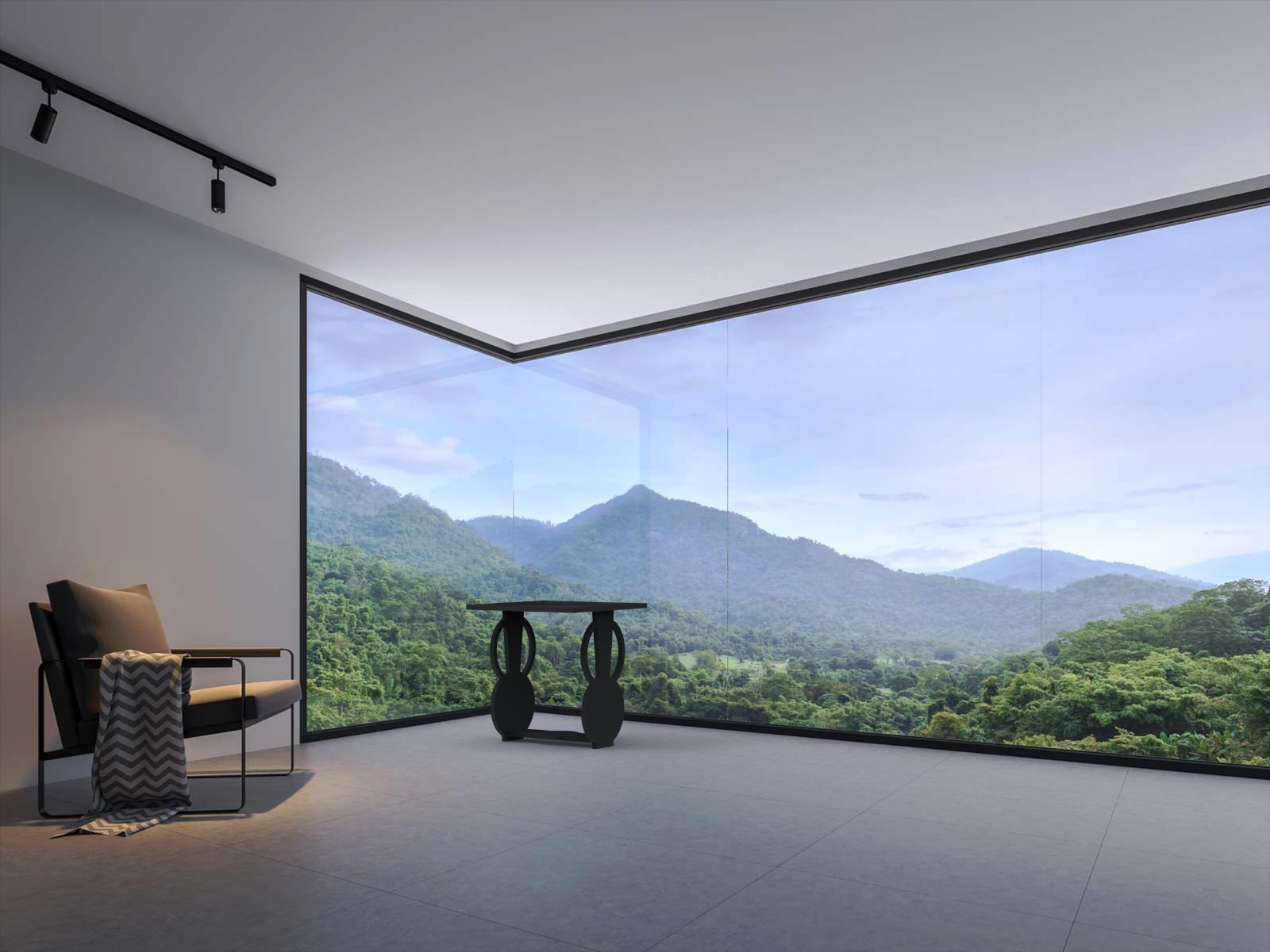 Consola escura da Capim Rose num interior aberto sobre a paisagem